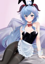 Rule 34 | absurdres, ahoge, alternate costume, animal ears, apron, arm support, august., black leotard, black pantyhose, blue hair, blush, bow, bowtie, breasts, cleavage, curled horns, fake animal ears, ganyu (genshin impact), genshin impact, highres, horns, leotard, leotard under clothes, long hair, looking at viewer, medium breasts, pantyhose, playboy bunny, purple eyes, rabbit ears, sidelocks, solo, very long hair, waist apron