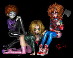 Rule 34 | 3girls, all fours, axe, ballet boots, bent over, black collar, black eyeshadow, black footwear, black lips, blonde hair, blue eyes, blue sclera, blue thighhighs, boots, bottomless, breast tattoo, breasts, bride of chucky, brown hair, character request, child&#039;s play, choker, chucky, collar, colored sclera, eyeshadow, gender request, genderswap, genderswap (mtf), goth fashion, green eyes, high heel boots, high heels, jacket, knee up, leather, leather jacket, makeup, medium breasts, mole, multiple girls, nail polish, orange hair, pink footwer, pink sclera, pink thighhighs, platform footwear, red footwear, red hair, red nails, red sclera, scar, simple background, sitting, stitched face, stitches, tagme, tattoo, thighhighs, tiffany (bride of chucky), weapon, yukaman