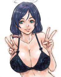 Rule 34 | 10s, 1girl, alva, bikini, black bikini, blue hair, breasts, cleavage, double v, green eyes, large breasts, lips, long hair, love live!, love live! school idol project, simple background, smile, solo, swimsuit, tojo nozomi, twintails, v, white hair
