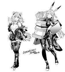 Rule 34 | 2girls, animal ear fluff, animal ears, arknights, bag, blush, boots, box, closed mouth, copyright name, elbow gloves, gift, gift box, gloves, gravel (arknights), greyscale, hand fan, hand up, highres, holding, holding box, jacket, knee boots, kyo zip, long hair, long sleeves, looking at viewer, monochrome, multiple girls, off shoulder, open clothes, open jacket, pantyhose, paper fan, puffy long sleeves, puffy sleeves, rabbit ears, savage (arknights), shirt, shopping bag, simple background, skirt, smile, standing, standing on one leg, swept bangs, thighhighs, thighhighs under boots, twitter username, two side up, very long hair, white background