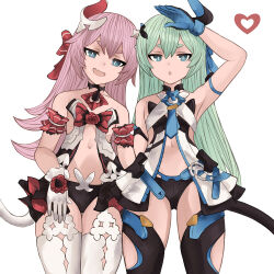 Rule 34 | 2girls, :d, :o, aqua eyes, arm at side, arm strap, arm up, armband, bare shoulders, black collar, black panties, bow, bright pupils, cat tail, collar, cowboy shot, fang, flat chest, flipped hair, flower, frilled armband, frills, gloves, green hair, hair between eyes, hair bow, hair ornament, half-closed eyes, heart, highres, honkai (series), honkai impact 3rd, iiros, liliya olenyeva, long hair, looking at viewer, multiple girls, navel, open mouth, panties, pink hair, red bow, red flower, revealing clothes, rozaliya olenyeva, short eyebrows, simple background, skin fang, smile, standing, straight hair, tail, thick eyebrows, thighhighs, two-tone gloves, underwear, v-shaped eyebrows, white background, white gloves, white pupils, white thighhighs, wide hips