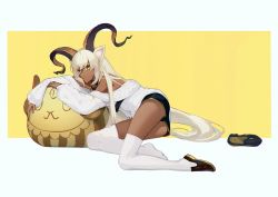 Rule 34 | 1girl, 3four, animal ears, arknights, bare shoulders, beeswax (arknights), beeswax (weisser sand) (arknights), black footwear, black shorts, commentary, dark-skinned female, dark skin, full body, goat ears, goat girl, goat horns, horns, long hair, looking at viewer, lying, official alternate costume, on side, pillow, unworn shoe, shoes, unworn shoes, shorts, sidelocks, simple background, single shoe, solo, sweater, thighhighs, two-tone background, very long hair, white background, white hair, white sweater, white thighhighs, yellow background, yellow eyes