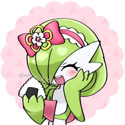 Rule 34 | 1girl, ^ ^, artist name, blush, bob cut, border, bow, closed eyes, colored skin, creatures (company), eating, female focus, flat chest, flower, food, frilled hairband, frills, game freak, gardevoir, gen 3 pokemon, green hair, green skin, hair bow, hair over one eye, hairband, hand on own cheek, hand on own face, hands up, happy, heart, highres, meru (mer milky77), multicolored skin, nintendo, one eye covered, onigiri, open mouth, outside border, pink background, pink bow, pink hairband, pokemon, pokemon (creature), rice, round image, short hair, signature, simple background, sketch, smile, solo, teeth, twitter username, two-tone skin, upper body, white border, white flower, white skin