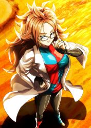 Rule 34 | 1girl, android, android 21, blue eyes, breasts, bright background, dragon ball, dragon ball fighterz, earrings, female focus, glasses, highres, jewelry, lab coat, large breasts, long glove, long hair, looking at viewer, looking up, mature female, multicolored clothes, red hair, ring, smile, solo