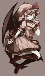 Rule 34 | 1girl, bad id, bad pixiv id, bat wings, blue hair, dress, fang, female focus, hat, highres, one eye closed, open mouth, red eyes, remilia scarlet, short hair, smile, solo, touhou, wings, wink, wrist cuffs, zen33n