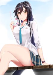 Rule 34 | 1girl, absurdres, aqua necktie, arm support, bendy straw, black hair, blue sky, blush, breasts, cleavage, cloud, crossed legs, drinking straw, green eyes, hair between eyes, highres, idolmaster, idolmaster shiny colors, large breasts, looking at viewer, milk carton, necktie, plaid, plaid skirt, ponytail, shirase sakuya, skirt, sky, solo, thighs, yigra don
