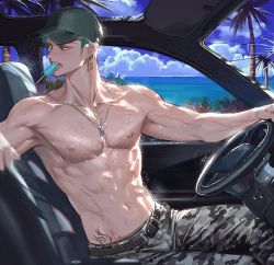 Rule 34 | 1boy, abs, armpits, baseball cap, belt, camouflage, car, car interior, chain, chain necklace, cloud, day, driving, food, food in mouth, green hair, hat, jewelry, male focus, motor vehicle, muscular, muscular male, navel, necklace, nipples, on vehicle, one piece, pants, pectorals, popsicle, popsicle in mouth, popsicle stick, roronoa zoro, runa (nori31291404), scar, scar on chest, short hair, sitting, sky, solo, stomach tattoo, tattoo, toned, toned male, topless male