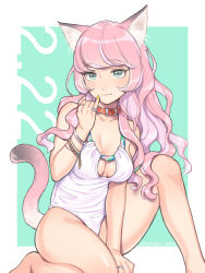 Rule 34 | 1girl, animal ear fluff, animal ears, barefoot, between legs, blue background, breasts, casual one-piece swimsuit, cat ears, cat tail, cleavage, closed mouth, collar, collarbone, grey eyes, hand between legs, highres, jewelry, looking at viewer, medium breasts, mole, mole under mouth, nail polish, one-piece swimsuit, original, ring, shiny skin, sideboob, sitting, solo, swimsuit, tail, two-tone background, wantan meo, white background, white one-piece swimsuit, yellow nails