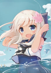 Rule 34 | 10s, 1girl, :d, blonde hair, blue eyes, blue sky, blush, cloud, covered navel, crop top, day, flower, hair flower, hair ornament, hibiscus, kantai collection, long hair, looking at viewer, one-piece swimsuit, one-piece tan, open mouth, partially submerged, ro-500 (kancolle), sailor collar, school swimsuit, school uniform, serafuku, sky, smile, solo, sora miru, swimsuit, swimsuit under clothes, tan, tanline