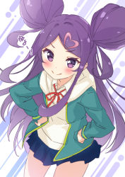 Rule 34 | 1girl, blue jacket, blue skirt, blush, closed mouth, collared shirt, double bun, hair bun, hair ornament, hands on own hips, heart, heart hair ornament, hood, hood down, hooded jacket, jacket, jigatei (omijin), long hair, long sleeves, looking at viewer, neck ribbon, ochikobore fruit tart, open clothes, open jacket, parted bangs, pleated skirt, purple eyes, purple hair, red ribbon, ribbon, sekino roko, shirt, skirt, smile, solo, translation request, v-shaped eyebrows, very long hair, white shirt