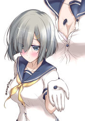Rule 34 | 1girl, blush, breasts, cleavage, getsuyoubi no tawawa, gloves, hair ornament, hair over one eye, hairclip, hamakaze (kancolle), kantai collection, large breasts, mikage takashi, neckerchief, parody, popped button, school uniform, serafuku, short hair, silver hair, solo, twitter username, upper body, white gloves, yellow neckerchief