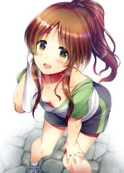 Rule 34 | 1girl, :d, black shorts, breasts, brown hair, cleavage, collarbone, downblouse, green footwear, hand on own knee, highres, idolmaster, idolmaster cinderella girls, looking at viewer, ment, no bra, open mouth, ponytail, shoes, short hair with long locks, shorts, simple background, small breasts, smile, solo, sportswear, standing, sweat, takamori aiko, towel, white background, yellow eyes