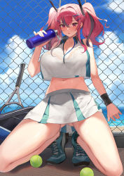 Rule 34 | 1girl, azur lane, bare shoulders, blush, breasts, bremerton (azur lane), bremerton (scorching-hot training) (azur lane), cleavage, highres, large breasts, long hair, looking at viewer, navel, official alternate costume, pink eyes, pink hair, skirt, solo, sportswear, tennis uniform, twintails, two-tone shirt, two-tone skirt, yayako (804907150)
