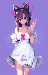 Rule 34 | 1girl, alternate costume, animal ear headphones, animal ears, axent wear, bad id, bad twitter id, bare shoulders, bow, bracelet, breasts, brown eyes, brown hair, cat ear headphones, character name, circuit board, cleavage, closed mouth, collarbone, copyright name, cowboy shot, d.va (overwatch), dress, dress tug, emblem, fake animal ears, fingernails, hair between eyes, hand up, head tilt, headphones, highres, jewelry, light particles, long fingernails, long hair, looking at viewer, mandrill, medium breasts, nail polish, overwatch, overwatch 1, pink bow, pink nails, pinky out, purple background, short dress, smile, solo, strapless, strapless dress, sundress, white dress