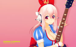 Rule 34 | 1girl, 3d, blush, bow, breasts, female focus, guitar, hair bow, headphones, highres, instrument, large breasts, long hair, looking at viewer, mascot, nitroplus, pink hair, puffy sleeves, red eyes, smile, snow white and the seven dwarfs, solo, super sonico, wallpaper