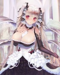 Rule 34 | 1girl, azur lane, bare shoulders, between breasts, black dress, black nails, blush, breasts, calbee (level1211), cleavage, detached collar, dress, earrings, formidable (azur lane), frilled dress, frills, hair ribbon, hand up, highres, indoors, jewelry, large breasts, long hair, long sleeves, looking at viewer, nail polish, red eyes, ribbon, solo, standing, twintails, two-tone dress, upper body, very long hair
