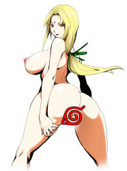 Rule 34 | 1girl, alternate hairstyle, ass, back, bad id, bad pixiv id, blonde hair, blush, breasts, censored, completely nude, curvy, facial mark, forehead mark, from behind, hair ribbon, hand on own thigh, huge ass, huge breasts, kneepits, kon-kit, konohagakure symbol, large breasts, leg hold, light smile, lipstick, long hair, looking at viewer, looking back, low-tied long hair, makeup, naruto, naruto (series), naughty face, nipples, novelty censor, nude, ponytail, puffy nipples, red eyes, ribbon, simple background, smile, solo, spread legs, standing, sweat, thighs, tsunade (naruto), white background