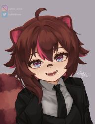 Rule 34 | 1girl, :d, absurdres, ahoge, animal ears, bandaid, bandaid on face, bandaid on nose, black jacket, black necktie, blue eyes, brown hair, brown tail, colored tips, dress shirt, eyelashes, fangs, formal, grey background, hair between eyes, highres, instagram logo, instagram username, jacket, multicolored eyes, multicolored hair, necktie, open mouth, owozu, raccoon ears, raccoon girl, raccoon tail, rakkun sutaru, red eyes, red hair, shirt, short hair, signature, simple background, smile, solo, streaked hair, suit, suit jacket, tail, teeth, twitter logo, twitter username, two-tone hair, upper body, virtual youtuber, waistcoat, white shirt, yubbiidraw