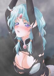 Rule 34 | 1girl, aqua hair, blush, breasts, circlet, cleavage, haou taikei ryuu knight, highres, large breasts, long hair, looking at viewer, nori (norimakigumo), open mouth, paffy pafuricia, purple eyes, simple background, skirt, solo, sweat, torn clothes, twintails, very long hair