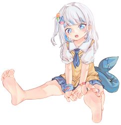 Rule 34 | 1girl, barefoot, blush, chaosexceed, feet, fins, fish tail, gawr gura, gawr gura (school uniform), highres, hololive, hololive english, looking at viewer, multicolored hair, no shoes, open mouth, school uniform, shark girl, shark tail, simple background, soles, solo, tail, teeth, toenails, toes, two-tone hair, upper teeth only, virtual youtuber, white background, white hair