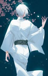 Rule 34 | 1boy, bracelet, cherry blossoms, comacomavlog, falling petals, from behind, gegege no kitarou, glowing, hand up, highres, japanese clothes, jewelry, kimono, kitarou tanjou: gegege no nazo, looking at flowers, male focus, medama oyaji (human), petals, short hair, solo, standing, tree, white hair