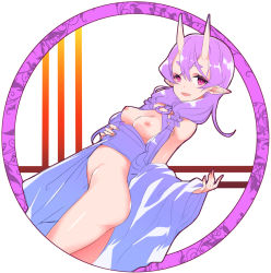 Rule 34 | 1girl, ass, blush, breasts, circle, fang, from side, hair between eyes, highres, horns, japanese clothes, kurokuro, long hair, looking at viewer, medium breasts, mole, mole under mouth, nijisanji, nipples, oni, open mouth, pointy ears, purple eyes, purple hair, rindou mikoto, skin-covered horns, skin fang, sleeves past wrists, smile, solo, thick eyebrows, unworn clothes, virtual youtuber, wide sleeves