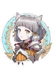 Rule 34 | 1girl, animal ear fluff, animal ears, armor, cat ears, commentary, facial mark, grey hair, hair ribbon, highres, looking at viewer, nia (xenoblade), nintendo, orange ribbon, parted lips, pauldrons, q-pra, ribbon, short hair, shoulder armor, signature, solo, spikes, upper body, white background, xenoblade chronicles (series), xenoblade chronicles 2