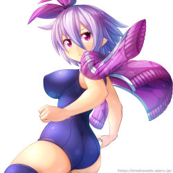 Rule 34 | &gt;:&lt;, :&lt;, ass, bare arms, blue thighhighs, breasts, character request, closed mouth, covered erect nipples, cowboy shot, hair ribbon, hairband, highres, jacket, jacket on shoulders, large breasts, long sleeves, looking at viewer, one-piece swimsuit, ooyama kina, open clothes, open jacket, original, phantasy star, phantasy star online 2, pink eyes, pink jacket, pointy ears, purple hair, ribbon, school swimsuit, serious, short hair, sidelocks, simple background, skin tight, solo, standing, swimsuit, tareme, thighhighs, thighs, track jacket, turtleneck, v-shaped eyebrows, white background