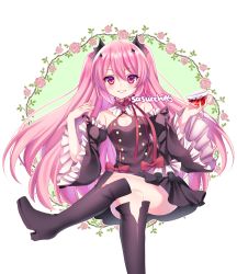 Rule 34 | 10s, 1girl, absurdres, alcohol, artist name, bare shoulders, black dress, black thighhighs, blush, boots, crossed legs, cup, detached sleeves, dress, drinking glass, flower, frills, hair between eyes, highres, krul tepes, long hair, long sleeves, looking at viewer, nail polish, owari no seraph, pink hair, red eyes, ribbon, sasucchi95, sitting, smile, solo, thigh boots, thighhighs, transparent background, very long hair, wide sleeves, wine, wine glass