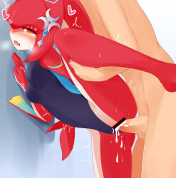Rule 34 | 1girl, ass, ayatori (aytr), blue one-piece swimsuit, blush, breasts, colored skin, covered navel, cum, cum in pussy, fins, fish girl, hair ornament, heart, highres, jewelry, leg up, long hair, medium breasts, mipha, monster girl, multicolored skin, nintendo, one-piece swimsuit, open mouth, penis, pointy ears, pussy, red skin, sex, shiny skin, smile, solo, standing, swimsuit, the legend of zelda, the legend of zelda: breath of the wild, yellow eyes, zora