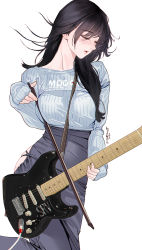 Rule 34 | 1girl, absurdres, between breasts, black hair, blush, bow (music), breasts, closed eyes, cowboy shot, electric guitar, fender stratocaster, grey skirt, guitar, guitar little sister (hitomi o), highres, hitomi o, holding, holding instrument, instrument, long hair, long sleeves, original, parted lips, simple background, skindentation, skirt, solo, strap between breasts, white background