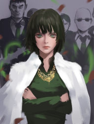 Rule 34 | 1girl, 5boys, black dress, black hair, closed eyes, coat, commentary, crossed arms, doodle, dress, english commentary, facing viewer, formal, fubuki (one-punch man), fur coat, green dress, green eyes, highres, jacket, jacket on shoulders, jewelry, looking at viewer, matsuge (one-punch man), multiple boys, necklace, necktie, one-punch man, saitama (one-punch man), short hair, sketch, solo focus, standing, suit, sunglasses, thaumazo, tsurime, yamazaru (one-punch man)