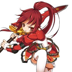 Rule 34 | 1girl, absurdres, belt, buckle, cowboy shot, elesis (elsword), elsword, free knight (elsword), highres, holding, holding sword, holding weapon, legs, long hair, looking at viewer, official art, ponytail, red eyes, red hair, red shirt, ress, serious, shirt, skirt, solo, sword, thighhighs, transparent background, weapon, white skirt, white thighhighs, zettai ryouiki