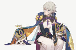 Rule 34 | 3boys, armor, blue eyes, cape, chibi, chinese armor, chinese clothes, clone, csyday, fate/grand order, fate (series), grey hair, hair between eyes, horned mask, male focus, mask, multiple boys, prince of lan ling (fate), sitting, smile, unworn mask