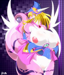 Rule 34 | 1girl, artist name, blonde hair, breasts, checkered background, dark magician girl, dragon, dragon tail, duel monster, fat, furry, furry female, gigantic breasts, green eyes, hat, hexagram, highres, horns, jewelry, large areolae, long hair, necklace, open clothes, pussy, pussy juice, solo, star of david, sweat, tail, tattoo, wings, ymbk, yu-gi-oh!