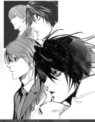Rule 34 | 2boys, bags under eyes, black hair, closed mouth, collared shirt, death note, facing to the side, greyscale, hair between eyes, highres, jacket, l (death note), male focus, messy hair, monochrome, multiple boys, necktie, parted lips, redrawn, shirt, short hair, suit jacket, thumb to mouth, upper body, white background, white shirt, yagami light, yoonmiumi