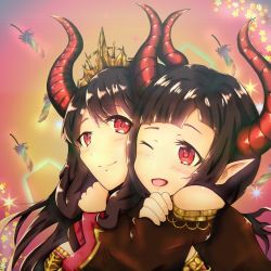Rule 34 | &gt; o, 2girls, ;), ;d, breasts, brown hair, crown, demon, demon horns, grand summoners, hair ornament, horns, hug, juno (grand summoners), knights of blood, leone (grand summoners), mother and daughter, multiple girls, one eye closed, open mouth, red eyes, short hair, smile
