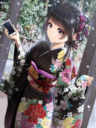Rule 34 | 1girl, black hair, blush, braid, brown eyes, cellphone, commentary request, crown braid, dutch angle, floral print, flower, forest, furisode, hair flower, hair ornament, hairpin, hands up, holding, holding phone, japanese clothes, kentaurosu, kimono, light smile, long sleeves, looking ahead, matsuno chiya, nature, new year, obi, original, outdoors, phone, plant, sash, sidelocks, smartphone, snowing, solo, standing, tree, updo, wide sleeves