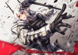 Rule 34 | 1girl, absurdres, arknights, black gloves, blood, blood on face, clenched teeth, commentary request, debris, dirty, dirty clothes, dirty face, ear piercing, gloves, hair between eyes, hair ornament, hammer, highres, holding, holding hammer, holding weapon, horns, jumpsuit, kuromu, long hair, long sleeves, motion blur, motion lines, mudrock (arknights), parted lips, piercing, pointy ears, red eyes, scrape, solo, teeth, very long hair, weapon, white hair, white jumpsuit