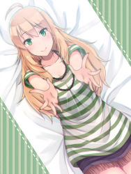 Rule 34 | 1girl, ahoge, bad id, bad pixiv id, beads, blonde hair, blue skirt, blush, breasts, cleavage, green eyes, green nails, green shirt, highres, hoshii miki, idolmaster, idolmaster (classic), long hair, looking at viewer, lying, miniskirt, nail polish, on back, shirt, shuuichi, skirt, smile, solo, striped background, striped clothes, striped shirt, swept bangs, vertical stripes