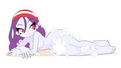 Rule 34 | 1girl, barefoot, breasts, colored skin, convenient censoring, head scarf, large breasts, long hair, looking to the side, louis lloyd-judson, lying, navel, nude, pirate, purple hair, purple skin, red eyes, risky boots, shantae (series), smile, soap bubbles, soap censor, wayforward, white background