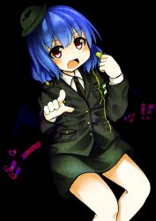 Rule 34 | 1girl, alternate costume, bad id, bad pixiv id, bat wings, black background, blue hair, derivative work, fang, formal, hat, highres, looking at viewer, necktie, nyt (nagane), open mouth, pencil skirt, pointing, pointing at viewer, police, police hat, police uniform, policewoman, red eyes, remilia scarlet, rinne (kouheiramia), short hair, simple background, skirt, skirt set, skirt suit, solo, suit, touhou, uniform, whistle, wings