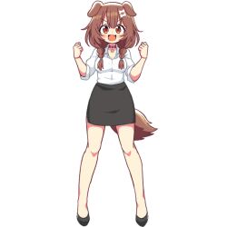 Rule 34 | 1girl, animal ears, black footwear, black skirt, blush, bone hair ornament, braid, breasts, brown eyes, brown hair, collar, collared shirt, dog ears, dog girl, fang, fushicho, hair ornament, hololive, inugami korone, long sleeves, looking at viewer, low twin braids, medium breasts, medium hair, office lady, open mouth, pencil skirt, shirt, skin fang, skirt, sleeves rolled up, smile, solo, transparent background, twin braids, virtual youtuber, white shirt