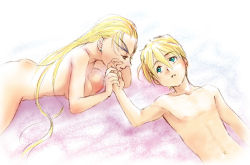 Rule 34 | 1boy, 1girl, blonde hair, breasts, completely nude, couple, dorothy catalonia, earrings, green eyes, gundam, gundam wing, hetero, holding hands, jewelry, large breasts, long hair, looking at another, nipples, nude, odamaki (260574), parted lips, quatre raberba winner, short hair, topless, upper body