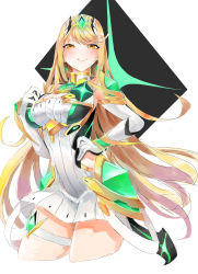 Rule 34 | 1girl, bare legs, bare shoulders, blonde hair, breasts, chest jewel, cleavage, cleavage cutout, clothing cutout, dress, earrings, elbow gloves, gloves, highres, jewelry, large breasts, long hair, mythra (xenoblade), short dress, solo, swept bangs, thigh strap, tiara, tim (a9243190a), very long hair, white dress, white gloves, xenoblade chronicles (series), xenoblade chronicles 2, yellow eyes