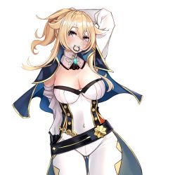 Rule 34 | 1girl, arm up, belt, black belt, blonde hair, blue capelet, blue eyes, breasts, capelet, cleavage, commentary, covered navel, cowboy shot, detached collar, detached sleeves, genshin impact, gluteal fold, grin, hair between eyes, hair tie in mouth, highres, jean (genshin impact), large breasts, leggings, long hair, looking at viewer, mouth hold, pants, ponytail, reichidad, shirt, simple background, smile, solo, standing, strapless, strapless shirt, teeth hold, transparent background, white background, white pants, white shirt