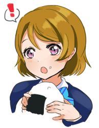 Rule 34 | !, 10s, 1girl, :o, blush, brown hair, food, food on face, koizumi hanayo, love live!, love live! school idol project, lowres, onigiri, open mouth, purple eyes, rice, rice on face, school uniform, short hair, simple background, solo, speech bubble, spoken exclamation mark, toi (toiot), upper body, white background