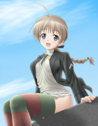 Rule 34 | 00s, 1girl, ahoge, animal ears, blue eyes, braid, brown hair, day, lynette bishop, mushoku no hourousha, open mouth, single braid, sitting, sky, solo, strike witches, striped clothes, striped thighhighs, thighhighs, world witches series