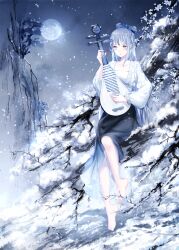 Rule 34 | 1girl, barefoot, black dress, blue hair, bow, branch, breasts, cherry blossoms, collarbone, dress, gradient dress, green eyes, hair bow, highres, holding, holding instrument, instrument, jacket, light particles, long hair, long sleeves, luo tianyi, lute (instrument), medium breasts, moon, mountain, night, outdoors, parted lips, pipa (instrument), purple bow, shirt, sitting, sitting on branch, snow, snowing, solo, vocaloid, white jacket, white shirt, winter, yu jiu