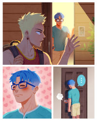 Rule 34 | ..., 2boys, absurdres, aqua shirt, backpack, bag, blonde hair, blue eyes, blush, brown shorts, closed eyes, closed mouth, closing door, door, earrings, gaydio zrong, gin (gaydio zrong), glasses, heart, highres, jewelry, jiu (gaydio zrong), looking at another, male focus, multiple boys, open door, original, red tank top, shirt, short hair, shorts, tank top, undercut, yaoi